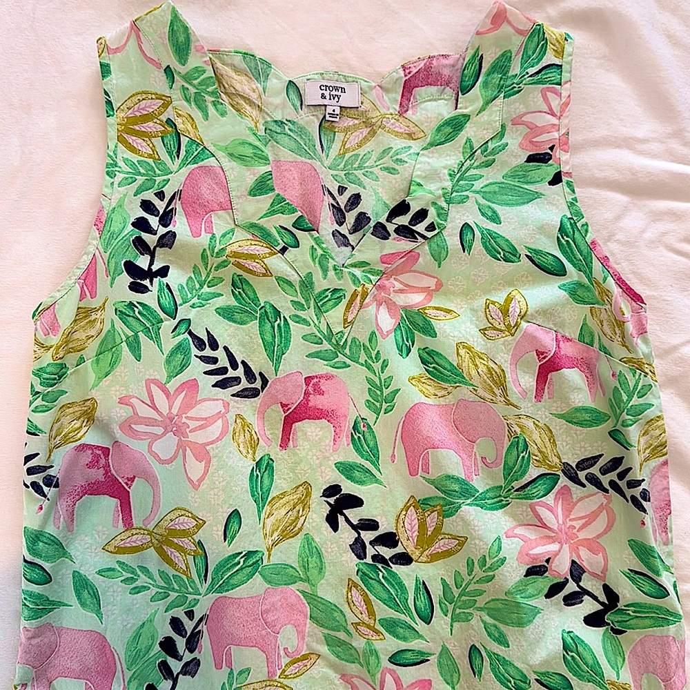 Women’s Crown and Ivy Tank Dress Size 4 pink and green elephant print